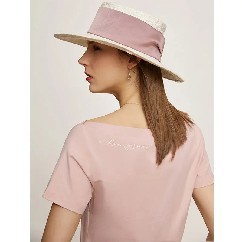 AMII Minimalism T-shirt Women 2023 Spring New Petite Niche Design All-match Office Lady Slash Neck Loose Embroidery Top 12342274