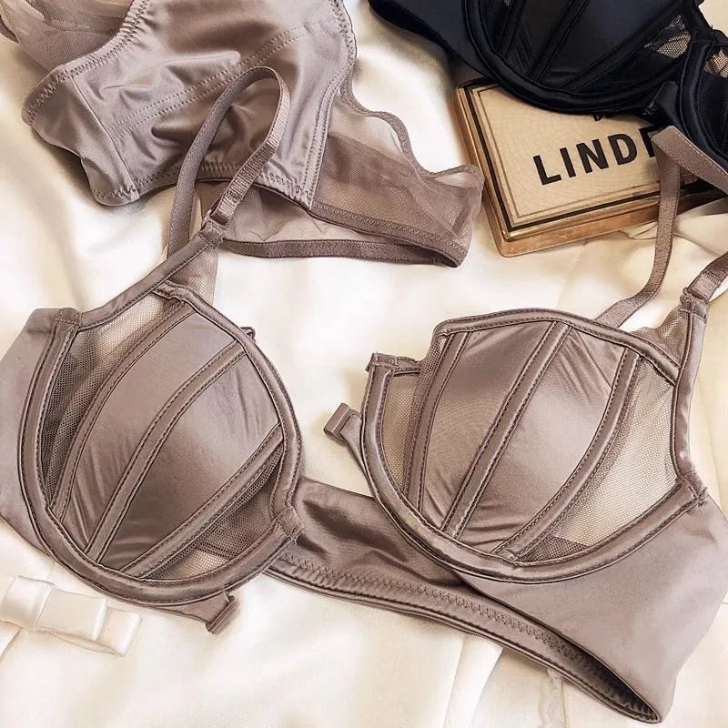 Women Bra and Panty Set Satin Silk Gather Push Up Lingerie Mesh Push Up Front Button Bra Adjustable Strap Thin Cup Underwear