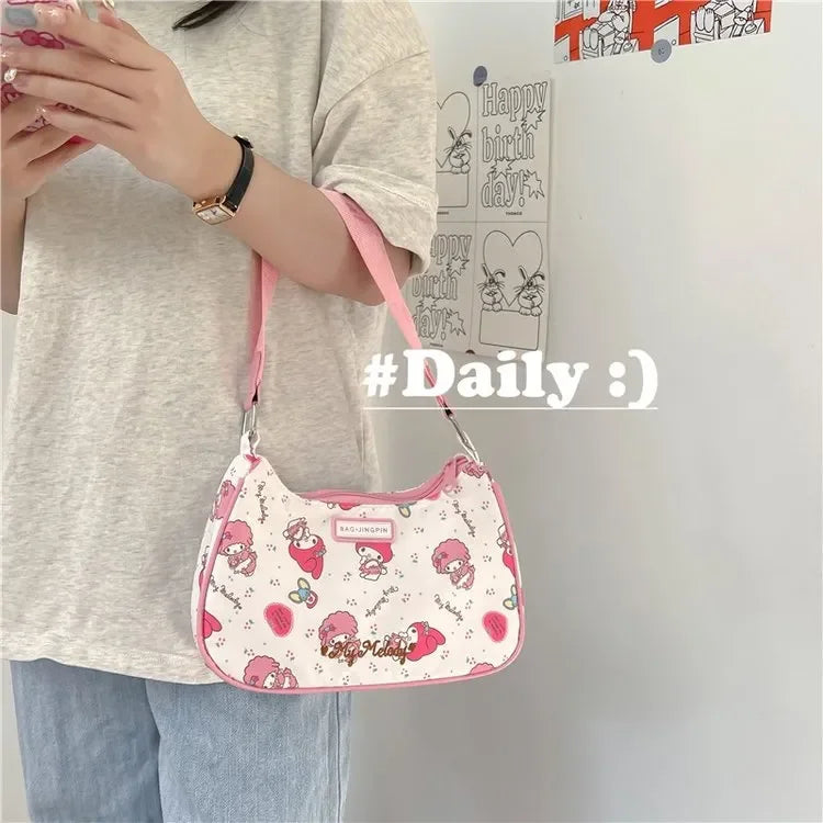 Miniso Hello Kitty Underarm Bag for Women Y2K Sanrio Kuromi Mymelody Messenger Tote Bag Cute Girls Shoulder Bag Purses Handbag