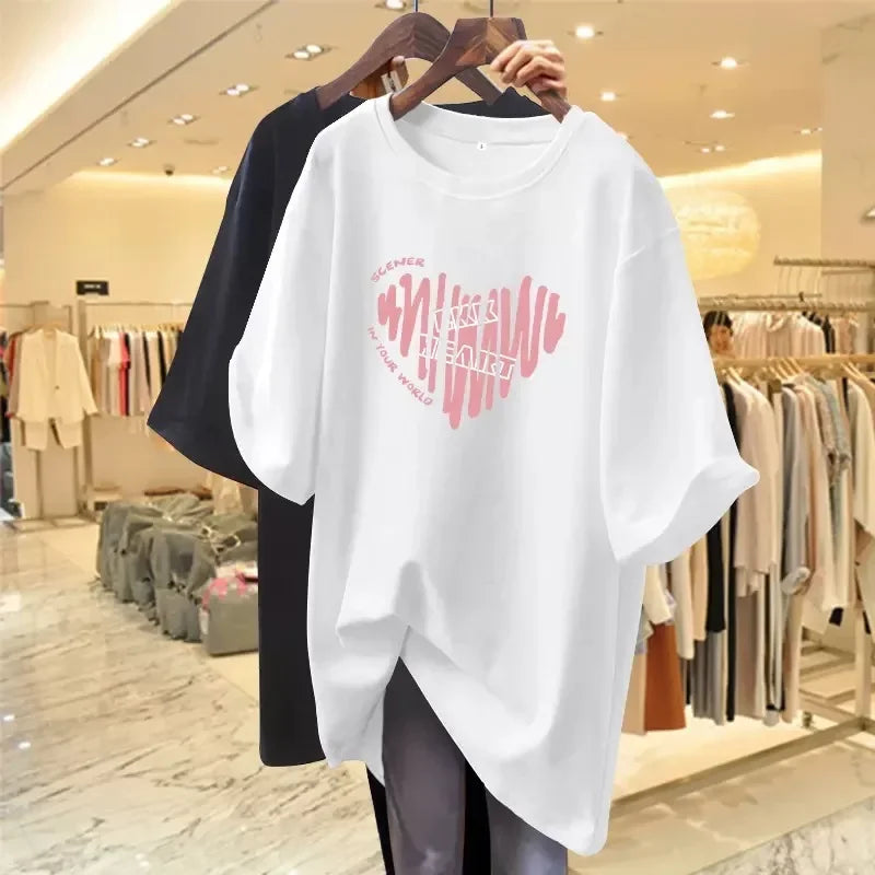 Pink Women's T-shirt Short Sleeve Medium-length Loose-fit Printing Heart Design European Style Casual Wear