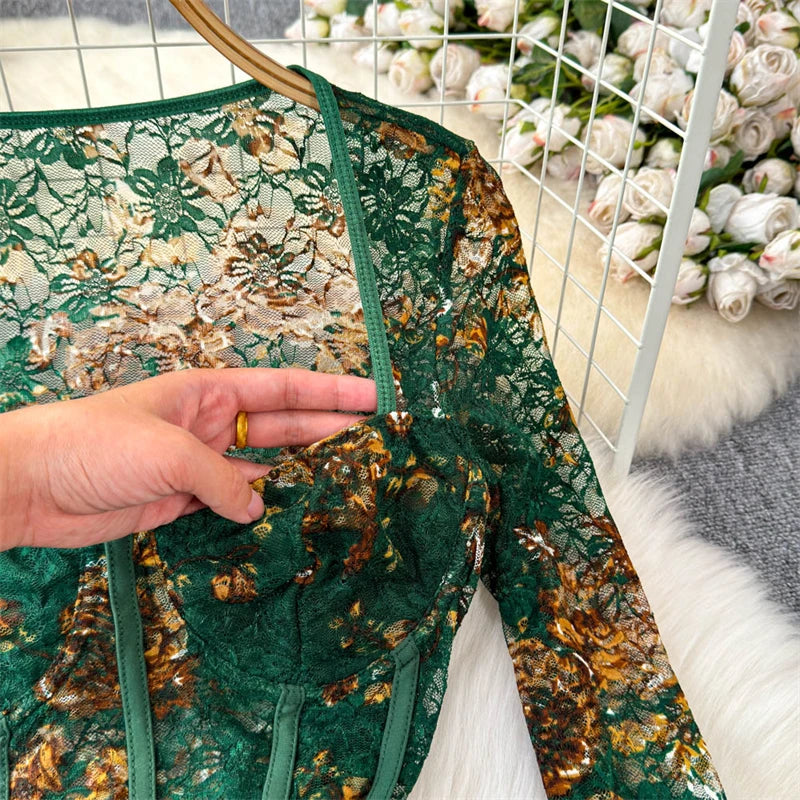 Women's Green Lace Jumpsuits Vintage Skinny Playsuits Harajuku Long Sleeve Square Collar Exotic Sexy Rompers Coquette Clothes