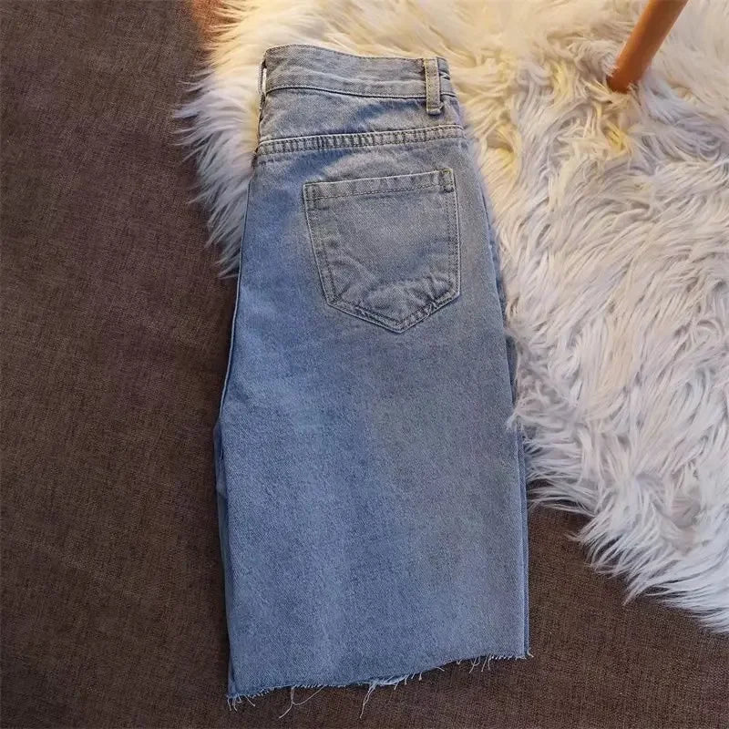 Design Sensibility Denim Cotton Shorts 2023 Summer Petite Straight-Leg Medium Length Wide Leg Casual Style Women's Trousers