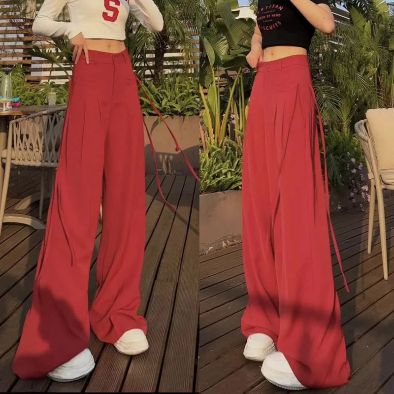 Jielur Lace-up High Waist Straight Women Suit Pants Summer Slim Loose Full Length Female Wide Leg Pants Casual Chic Office Lady