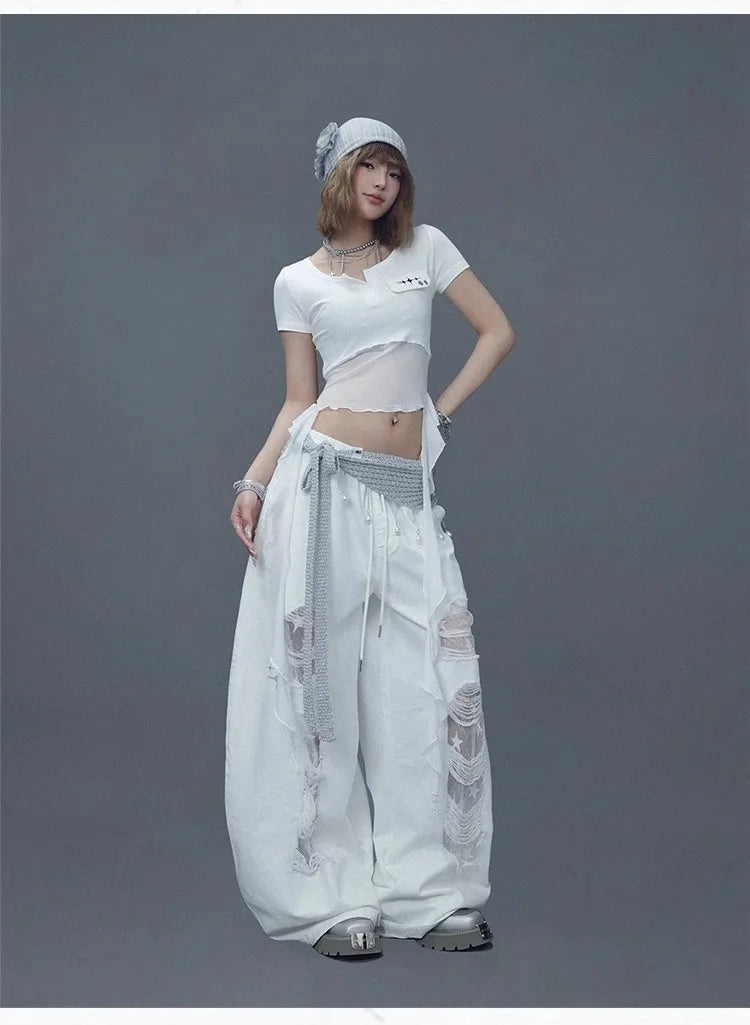CBXLAB Street Dance Women'sWhite denim patchwork distressed dance pants with long design for jazz dancers, spicy and casual