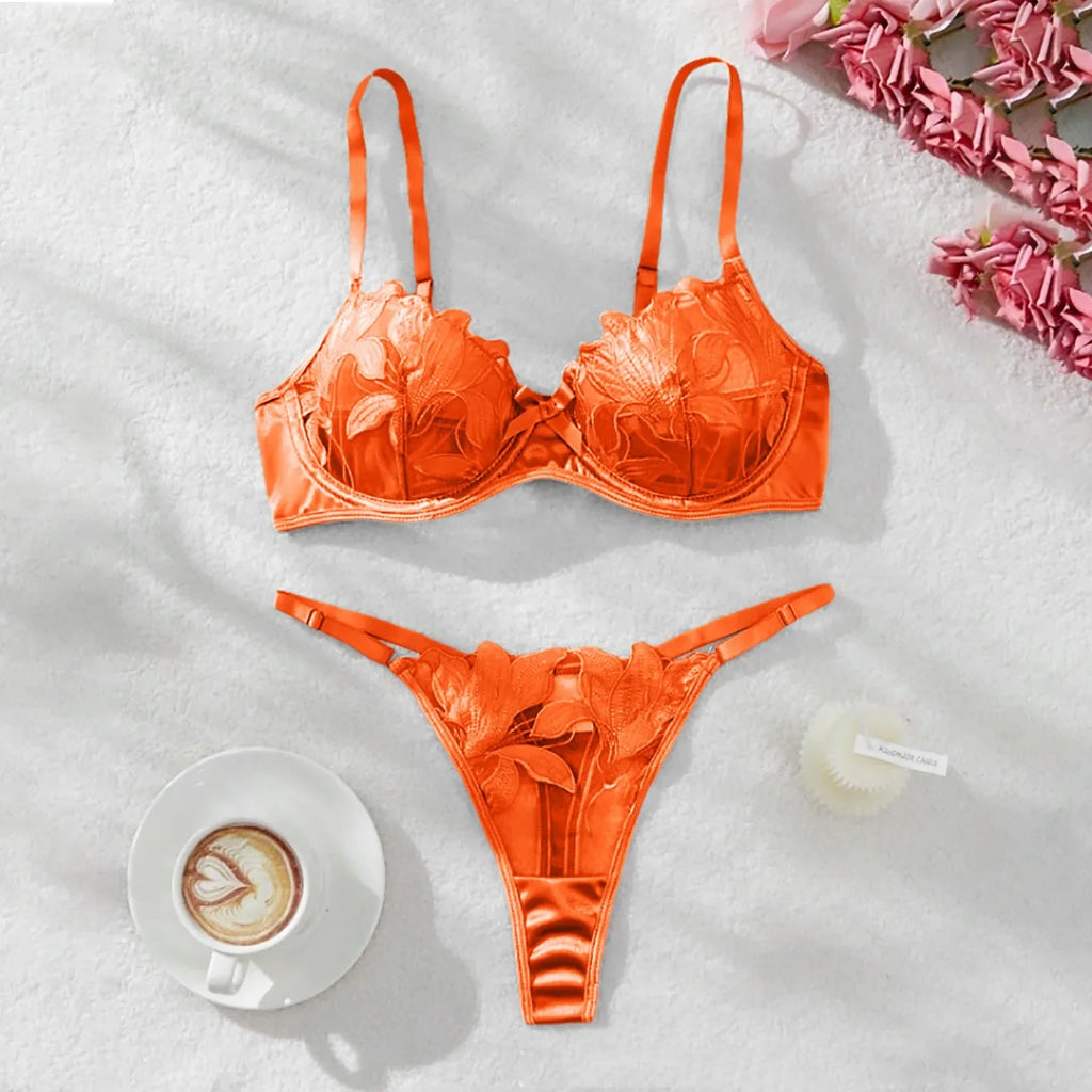 Women'S 2 Piece Lingerie Set Floral Embroidered Lace Sexy Satin Mesh Ingerie Bra And Panty Set Negligee Lingerie Sexy