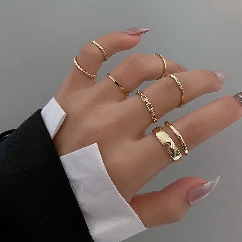 Vintage Shiny Zircon Butterfly Heart Ring Set Gold Color Boho Elegant Eyes Moon Geometric Rings Women Party Jewelry