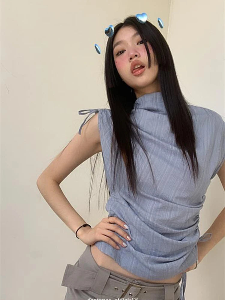 Zoki Streetwear Y2K Slim Tanks Women Shirring Vintage Casual Tops Summer Sleeveless Female Retro Half Turtleneck Harajuku Tanks