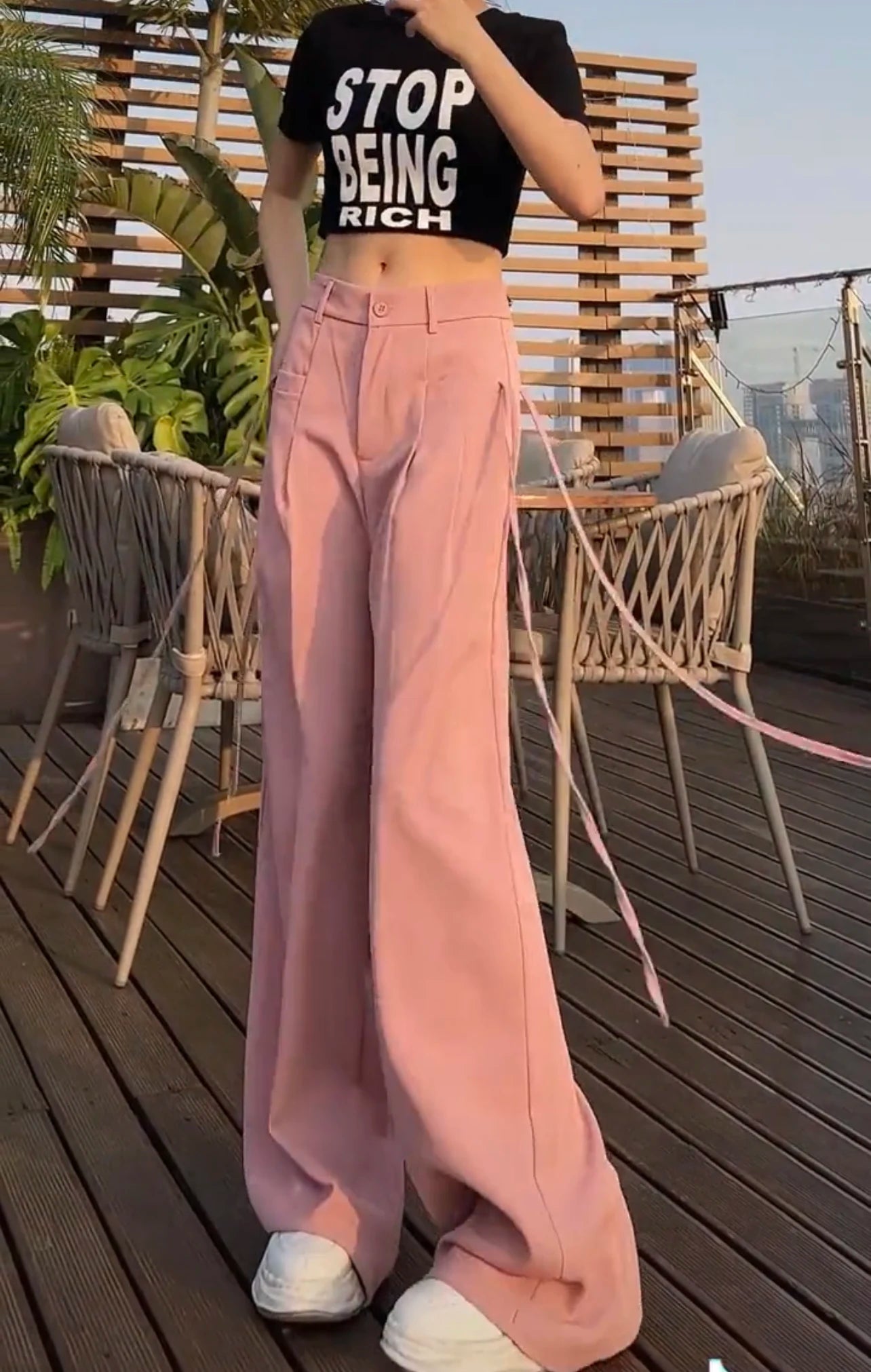 Jielur Lace-up High Waist Straight Women Suit Pants Summer Slim Loose Full Length Female Wide Leg Pants Casual Chic Office Lady