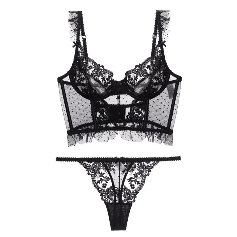 French Sexy Ultra Thin Underwear Women Lace Embroidery Flowers Bra Set Breathable Body Shap Bras and Thongs Sets Lingerie