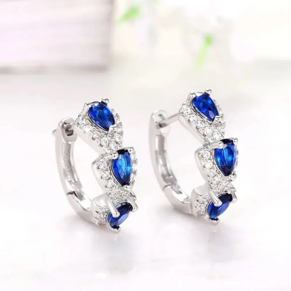 925 Sterling Silver Luxury Trendy Blue Cubic Zirconia Hoop Earrings Wedding Party Elegant Accessories for Women Jewelry Gift