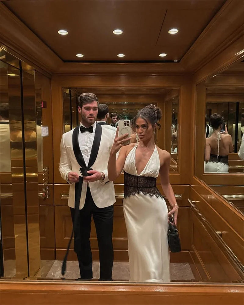 Mozision Summer Backless Sexy Maxi Dress Women Gown Patchwork Lace Halter Deep V Neck Sleeveless High Waist Elegant Long Dress