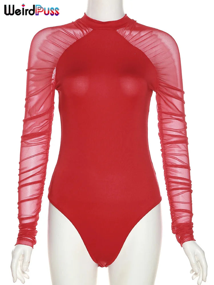 Weird Puss 2025 Mesh Patchwork Bodysuit Sexy Women Sleeve Ruched Skinny Turtleneck Bodycon Elegant Wild Tops Streetwear Outfits