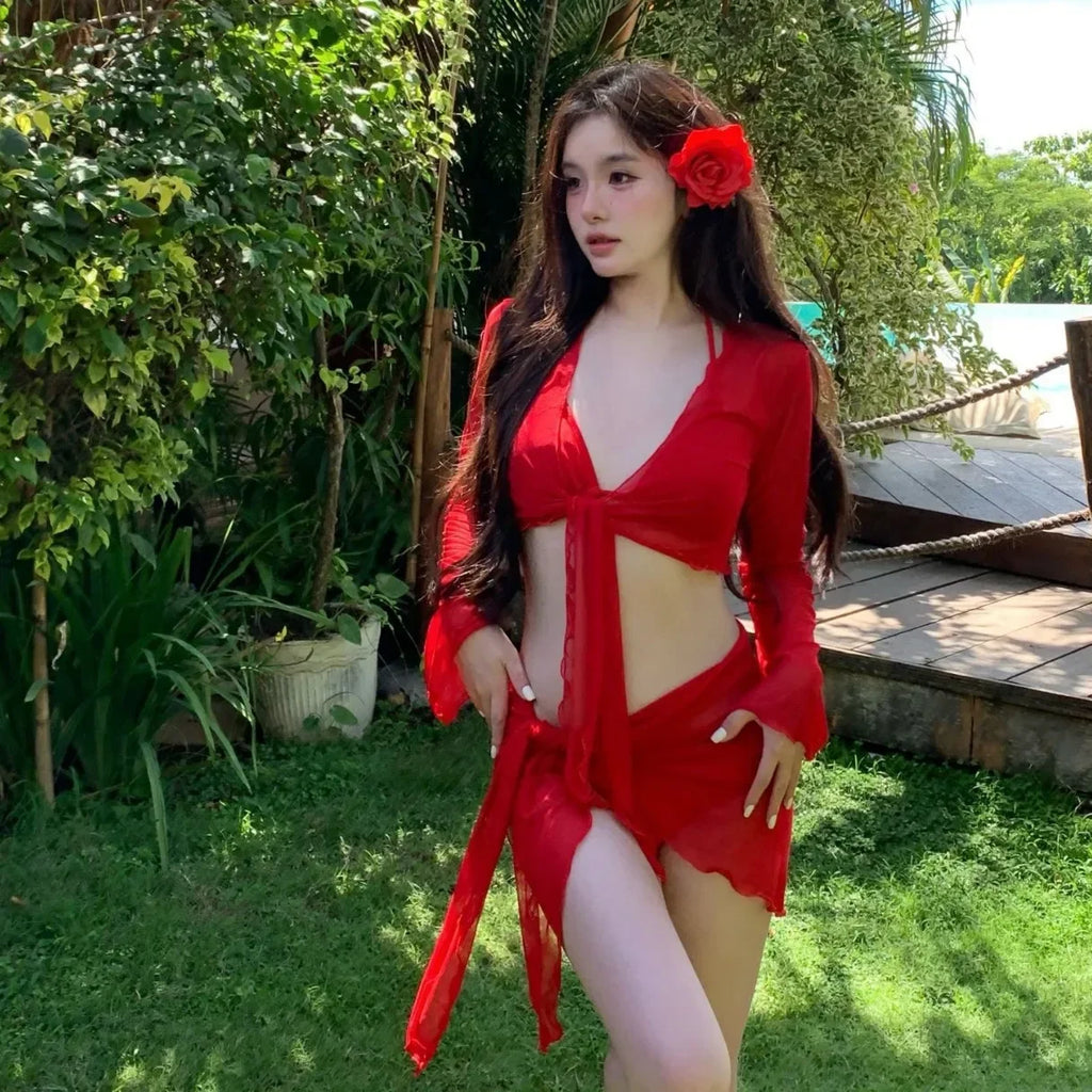 Women Swimwears Red 4 Piece Set Summer Sexy Swimwears Bikinis Set Beach Style Swimwear Elegant Vacation Swimwear Bikinis Set