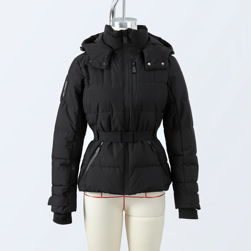 Fashion Hooded Padded Coats With Belt Women Slim Stand Collar Full Sleeve Pocket Coat Winter Lady Thicken Warm Skiing Jacket