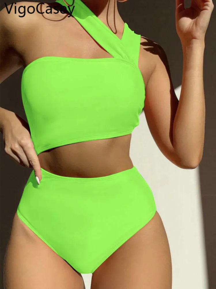 VigoCasey 2025 Solid One Shoulder Swimwear Women Sexy Push Up Hollow One Piece Swimsuit Monokini Backless Summer Bathing Suit