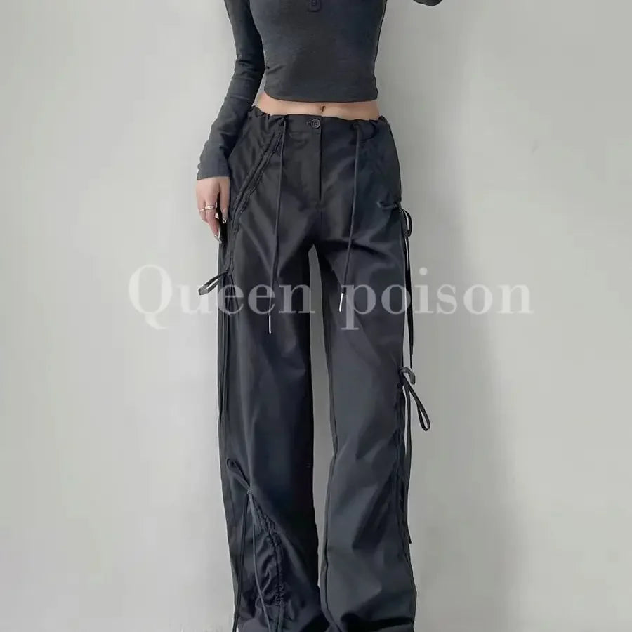 American Style Women's Summer Cargo Pants With Bowmint Green Drawstring Casual Bell Bottoms New 2024 Fashion Trend Long Pants