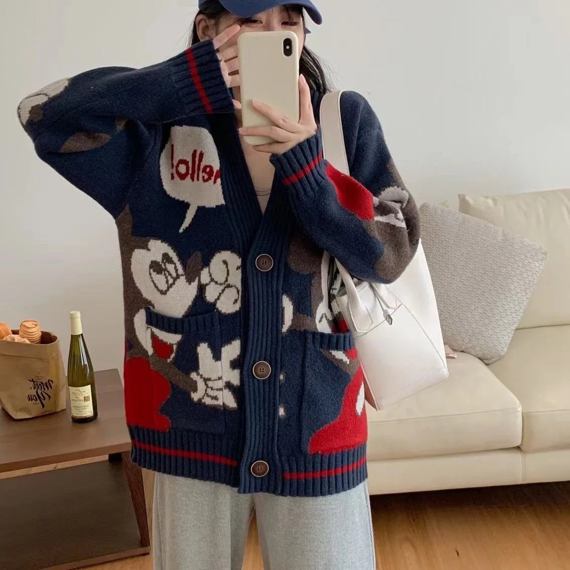 Disney Knitted Cardigan Japanese Donald Cartoon Sweaters for Women Coat Female Autumn and Winter Loose Wild Thicken Kawaii Tops