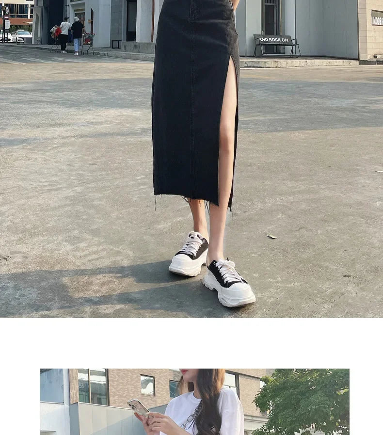 Mid-Length Denim Mini Skirt for Women High Waist Slimming Split Knee-Length Summer Trendy Cotton Half Body Skirts