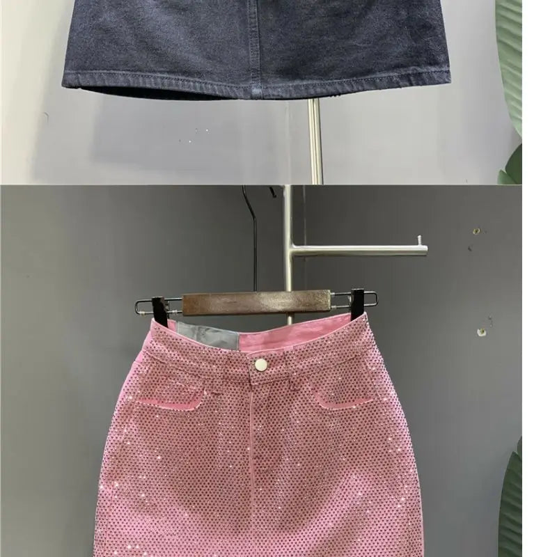 Heavy Industry Hot Drilling High-End Denim Skirt 2024 Spring And Summer New High Waist Pink Sexy A-Word Skirt