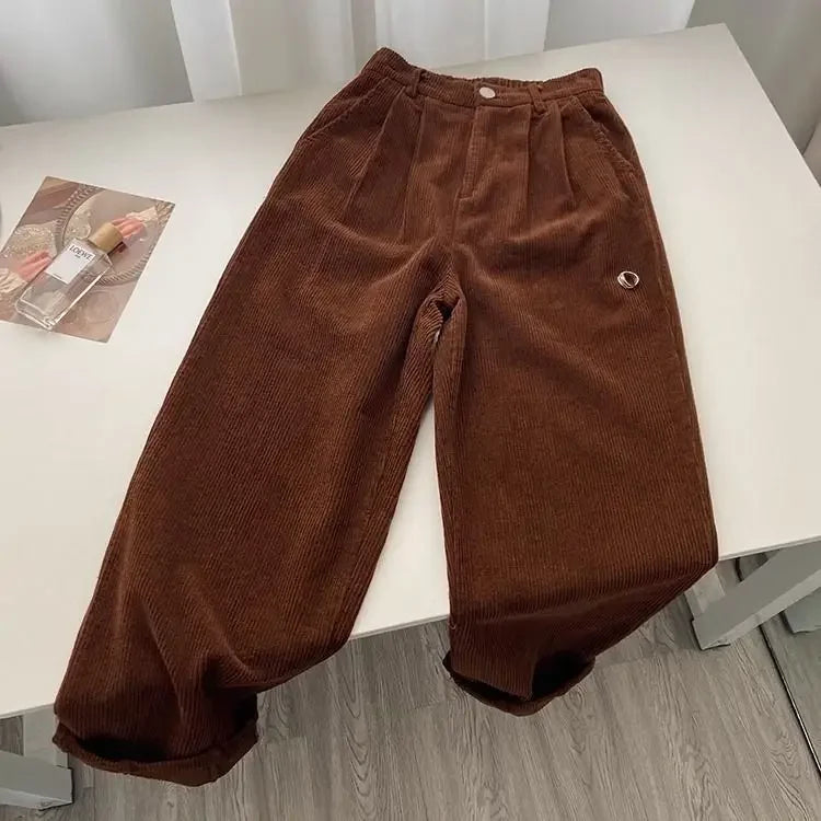 Vintage High Waist Corduroy Pants Women Spring Fall Straight Causal Full Length Trousers Korean Fashion Baggy All Match Pant New