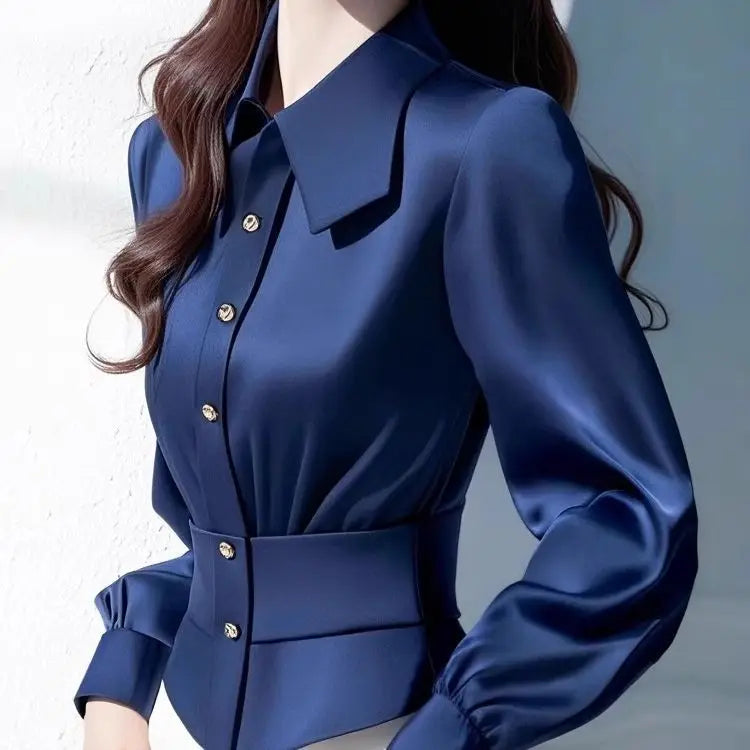 French Style Commuting Blue Satin Waist Slimming Shirt for Women 2025 Spring New Top
