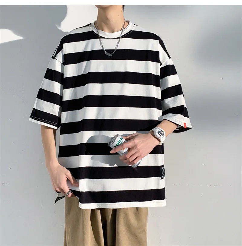 Men's Cotton T-shirt Striped Mens Oversized T Shirts Split Hem Fashion Tee Shirts Casual Wear Summer Tshirt 5XL Big Size for Man
