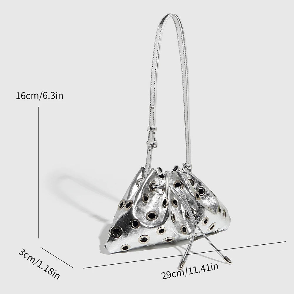 Women Metal Stud Y2k Shoulder Bag Large Capacity Retro Hollow Handbag Drawstring Crossbody Bag Shopping Vacation Handbag