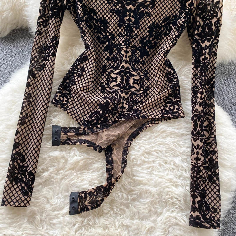 Autumn New Floral Print Bodysuit for Women Fashion Streetwear Elegant Stand Collar Long Sleeve Tight Fit Mesh Body Top Chic 2024