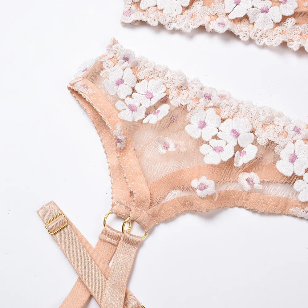 Floral Embroidered Sheer Lingerie Set Underwire Push Up Bra Thong Garter Belt See-Through Corset for Bridal Night Boudoir