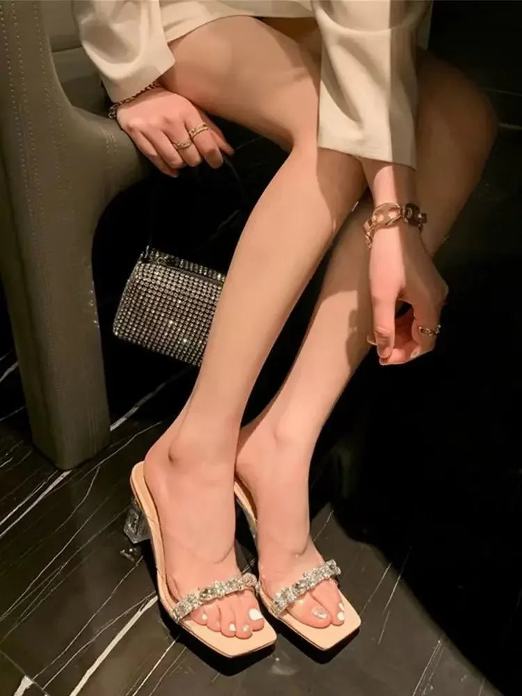 Transparent Crystal Sandals Women's Mid Heel High Heels Summer New Outdoor Wear Diamond Studded Fashionable Rubber Sole