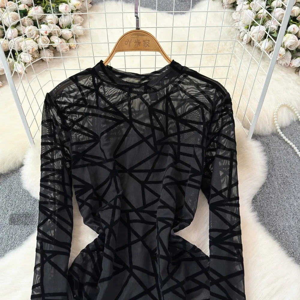 Foamlina Sexy Hollow Out Mesh Bodysuits for Women Fashion Striped Print Stand Collar Long Sleeve Slim Fit Club Party Jumpsuits