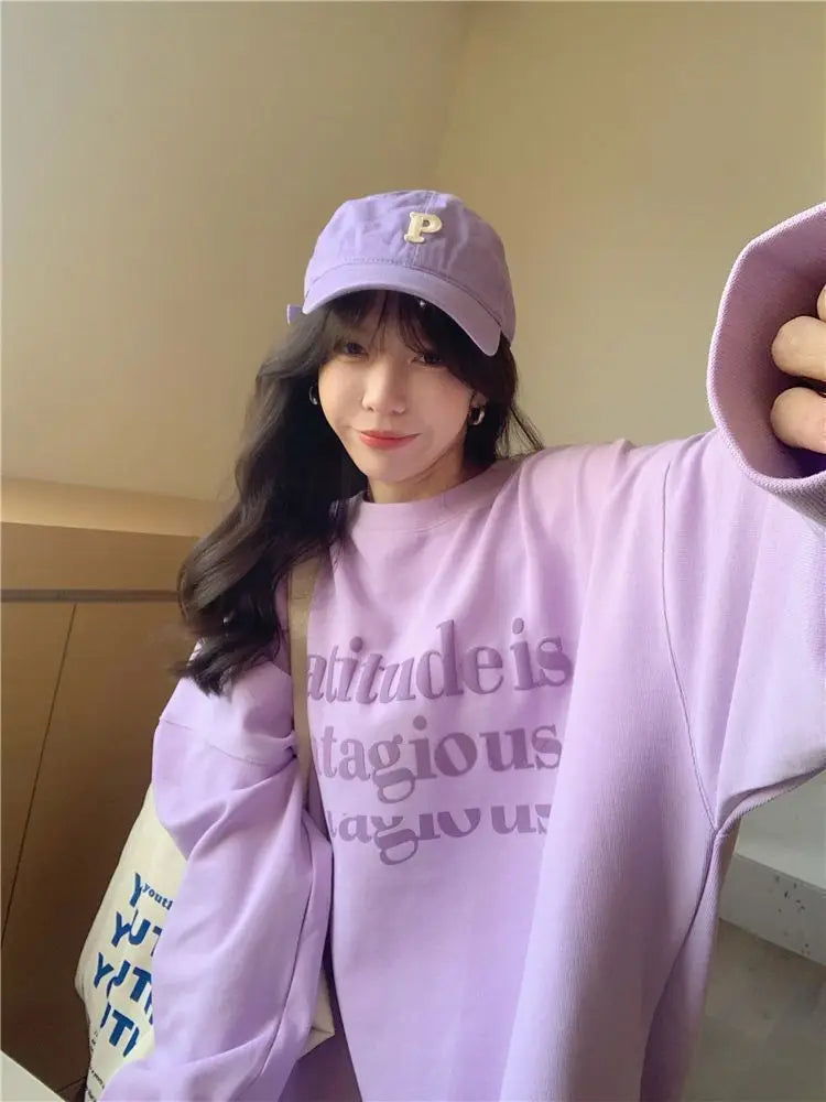 Oversize Round Neck Women's Hoodie Purple Spring and Autumn Thin Loose 2024 New Long Sleeved Top Plus Size Jacket