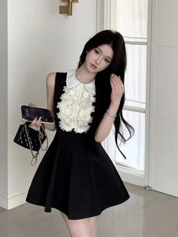 French Style Lace Doll Collar Vest Dress Women Summer Mini Skirt Waist Cinching Sleeveless Black Dress Polo Neckline Polyester F