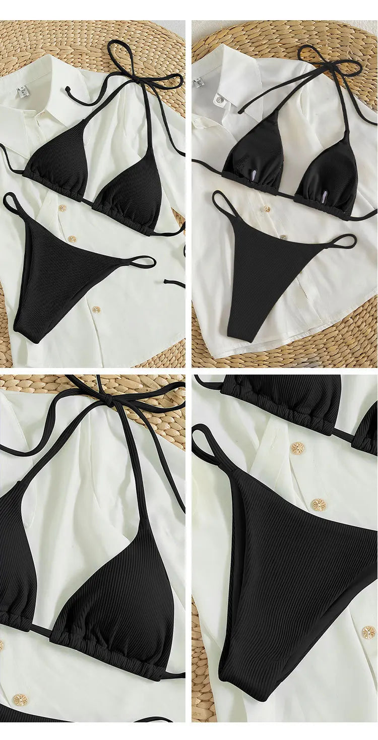 2025 Special Pit Stripe Fabric Bikini Set Women Sexy Simple Solid Halter Bikini Swimsuit High Waisted Lace Up Beach Bathing Suit