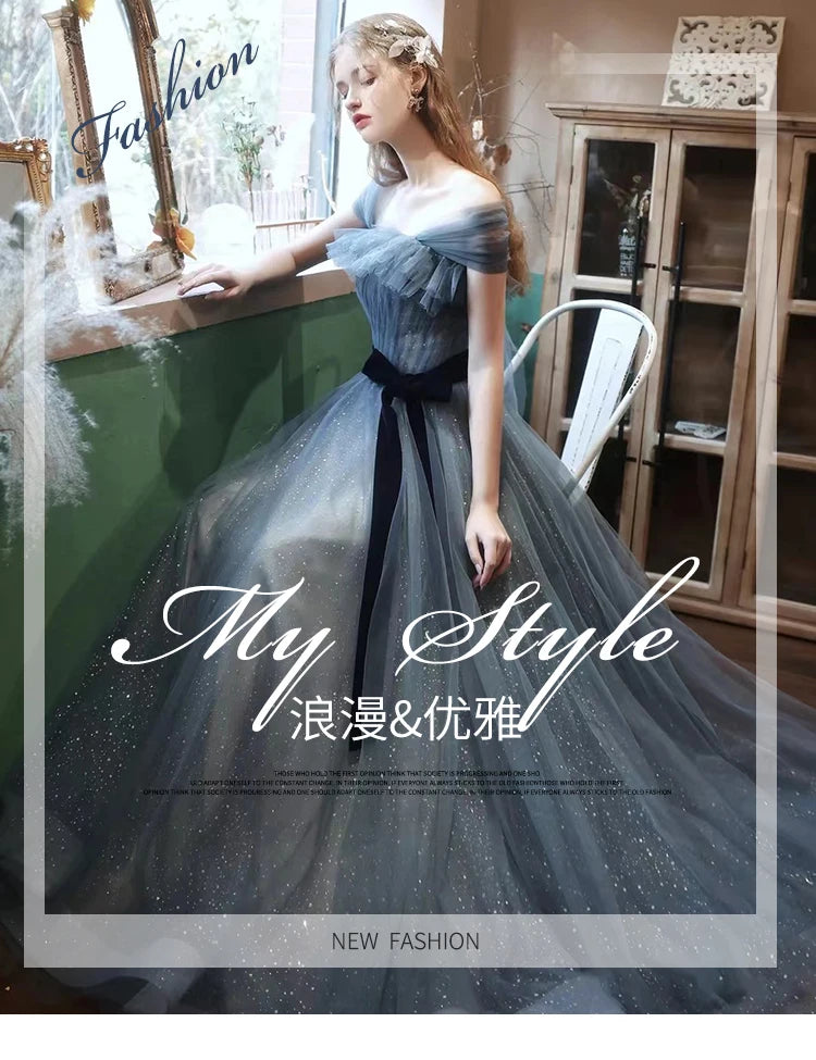 New greydish blue long sweat lady girl women princess bridesmaid banquet party prom dress gown