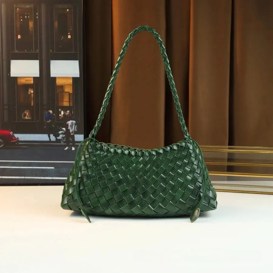 Handcrafted Woven Shoulder Crossbody Bag Simple Casual Ladies Handbag Underarm Bag Fashion Crescent Soft PU Leather Handbag