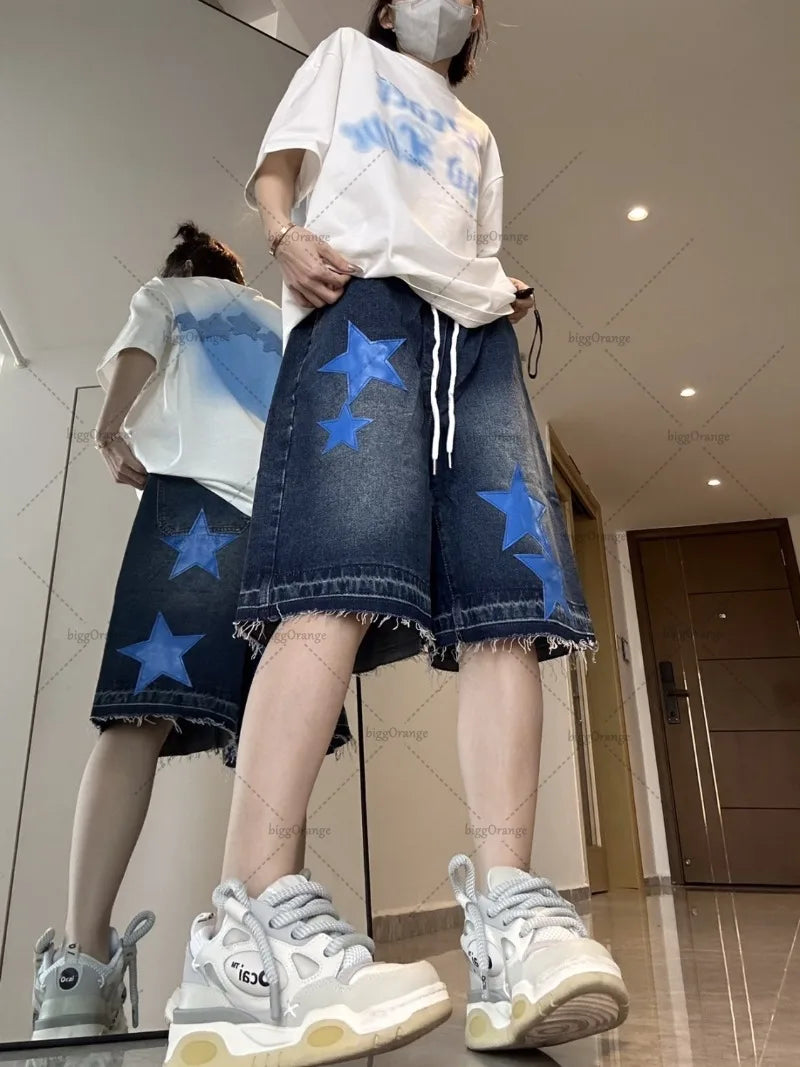Street Trendy Brand Loose Straight Cropped Pants Women American Retro Star Embroidered Denim Shorts Hip Hop Dance Clothing Men