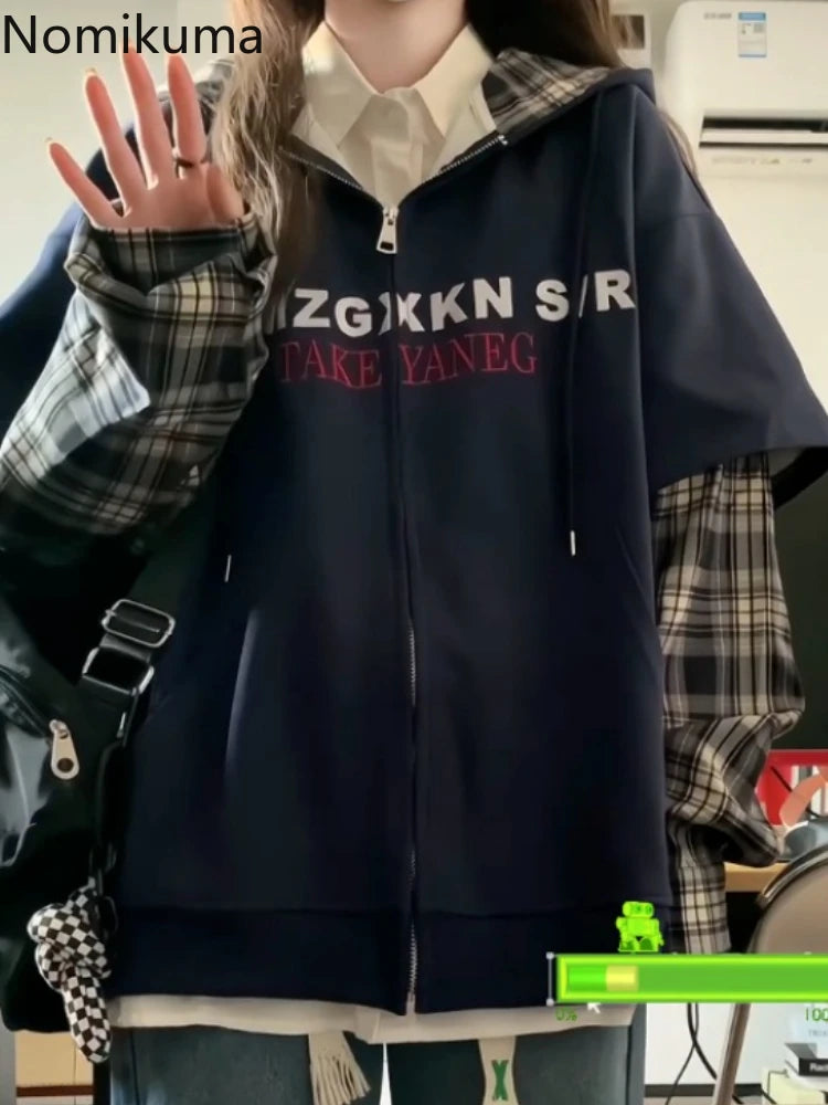 Patchwork Plaid Hoodies 2025 Women's Clothing Streetwear Fashion Sweatshirts Y2k Tops Thicked Hooded Casual Oversized Hoodie