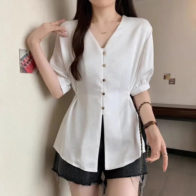 Women Clothes Summer Fashion Korean Button Solid Color V-neck Puff Sleeve Female Simplicity Elegant Temperament Short Sleeve Top