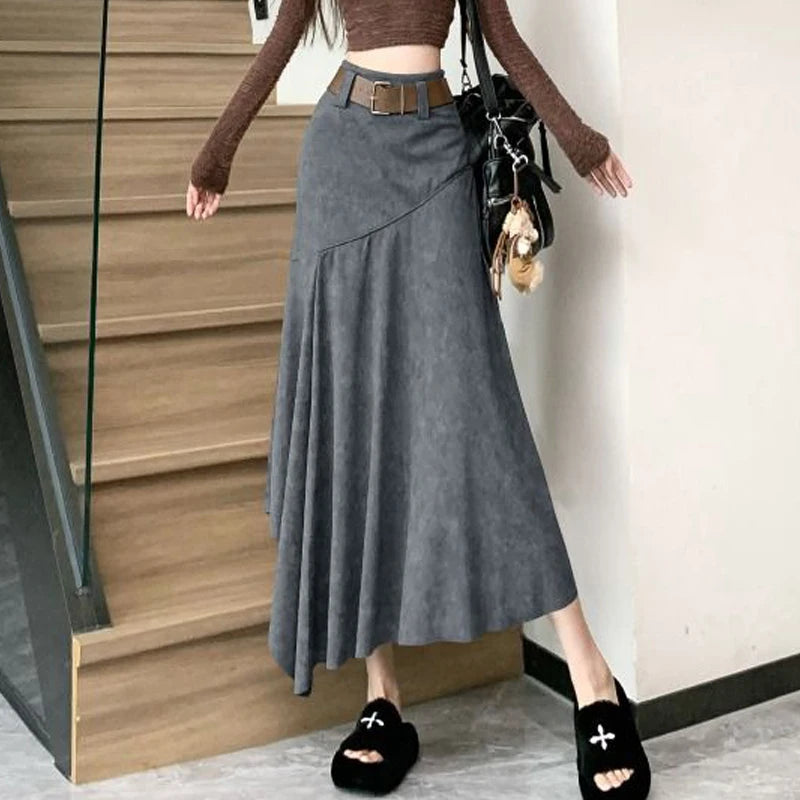 Women Clothing Autumn Korean Fashion Vintage High Waist Asymmetrical Skirts Female Elegant Chic Tie Dye Slim Long Skirt Faldas