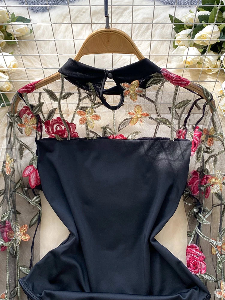 Women's Black Gothic Vintage Jumpsuits Y2k Harajuku Embroidery Overalls Korean Aesthetic 2000s Exotic Sexy Mesh Rompers Clothes