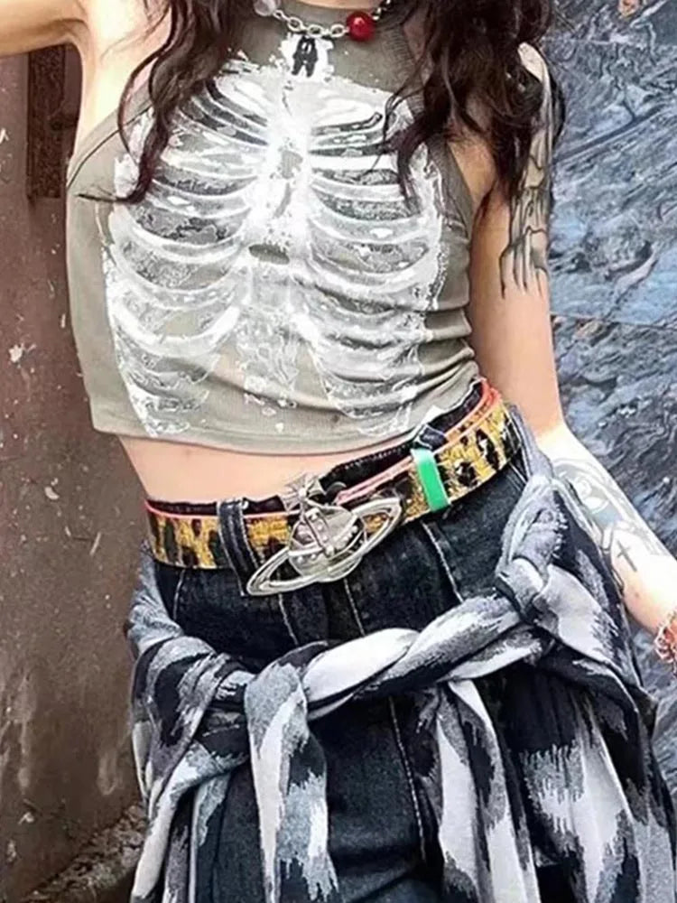 Punk Aesthetic Cyber Retro X-ray Skeleton Print Rib Sleeveless Vest ArmyGreen Crop Top Designer Clothes Women 2023 Summer Emo