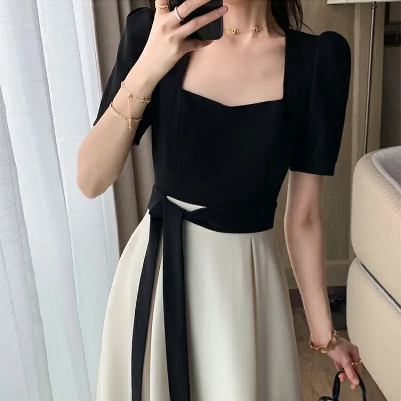 Elegant High-waisted Slimming Black Square Collar Long Dress 2024 New Style Vintage French Fashion For Women
