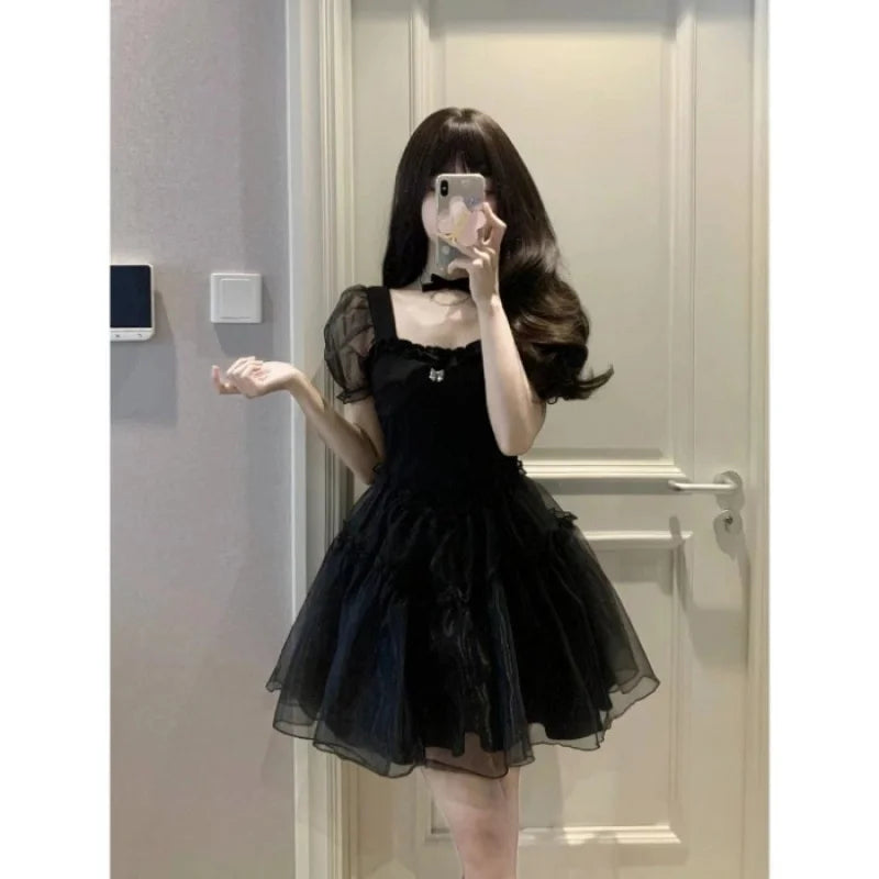 2023 Summer New Black Yarn Dress Fluffy Small Short Square Neck Spicy Girl Sweet Style Small Puff Sleeve Sexy Lovely Short FO30