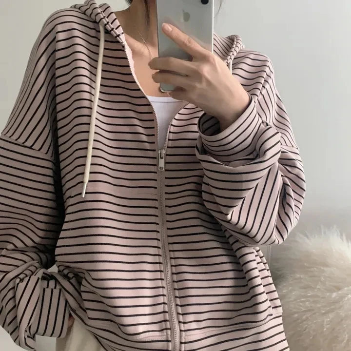Spring 2025 Women's Chic Loose Casual Lazy Sle Striped Hooded Jaet with ket Open Cardigan Sweatirt Comfortable Fit