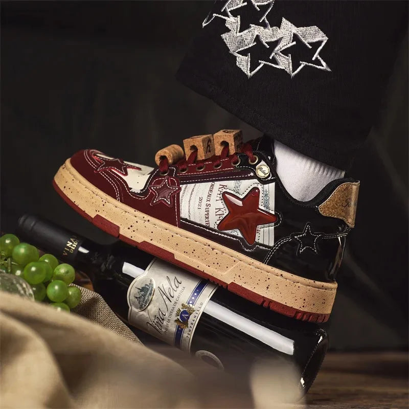 Trendy Red Wine Star Shoes 2024 Spring New Men's Casual Shoes Versatile Vintage Couple Shoes Male Genuine Leather Footwear