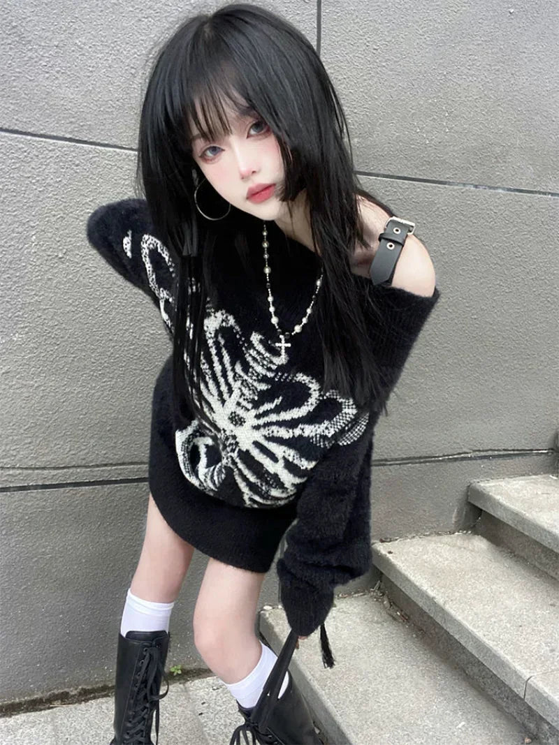 Goth Skull Print Harajuku Sweater Sweater Tops Aesthetic Women's Black Pullover Harajuku Fashion Streetwear Tops 2000