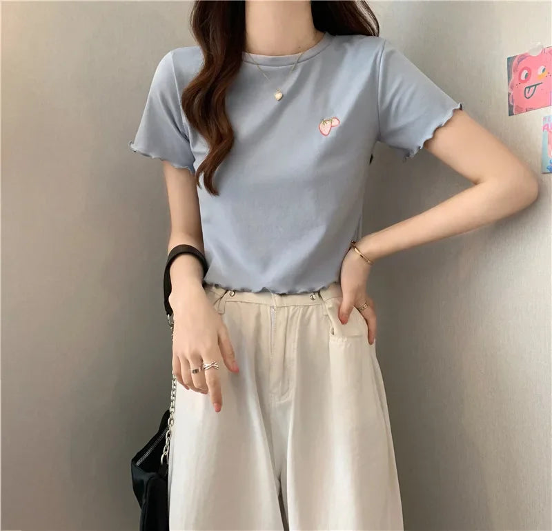 Summer Embroidered Short T-shirt Women Wooden Edge Irregular Slim Short Sleeve Top Plant Pattern Fiber Fabric Elegant Style
