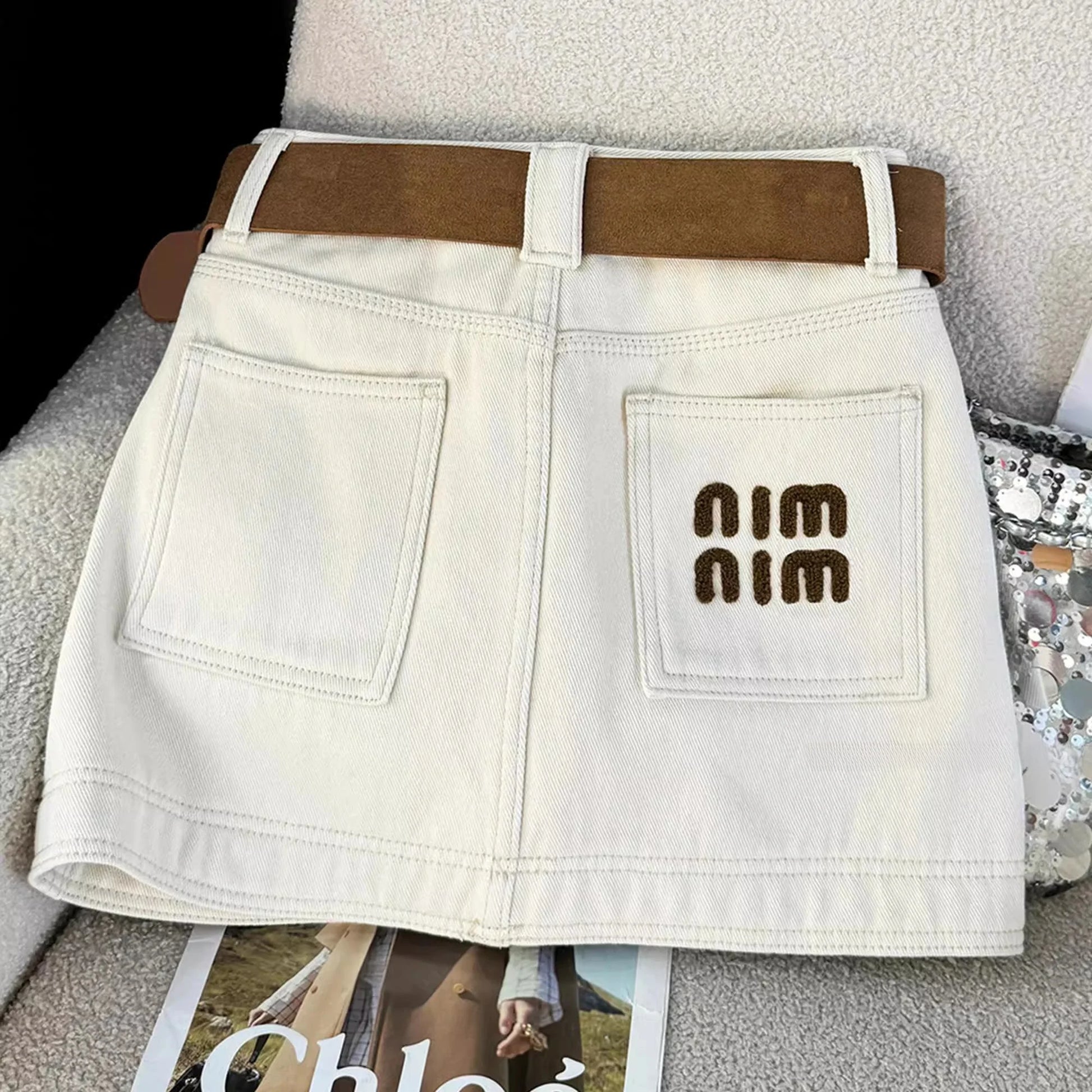 High Waist Embroidered Letter Denim  Skirt Slimming Women's Faion Commute Sle Cotton Blend ort Skirts