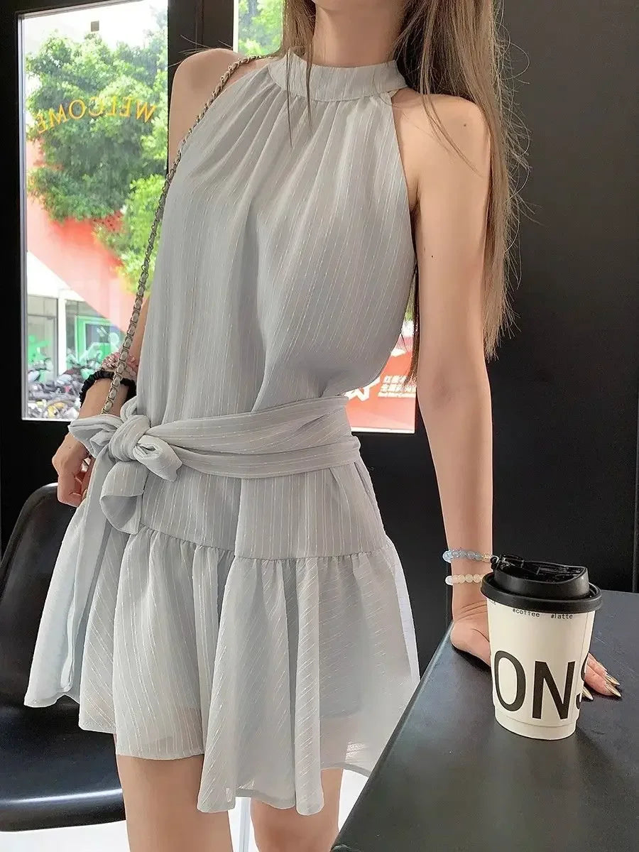 French Style Off-Shoulder Blue Summer Dress Women's Fashion Knot Waist A- Line Mini Skirt Black Short Skirt Sleeveless Gown